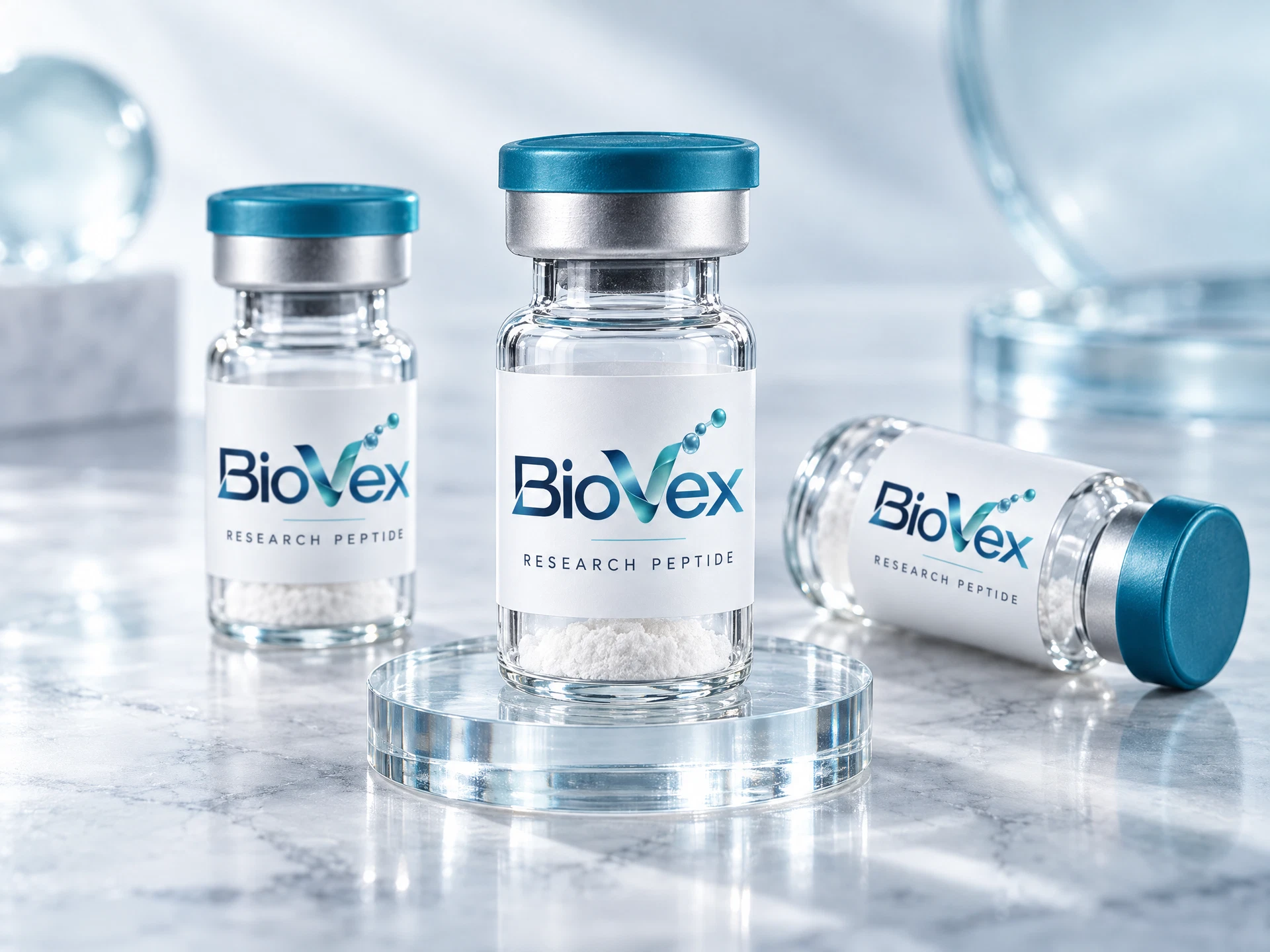ภาพจำลองขวด research peptide Biovex พร้อมฝาสี teal