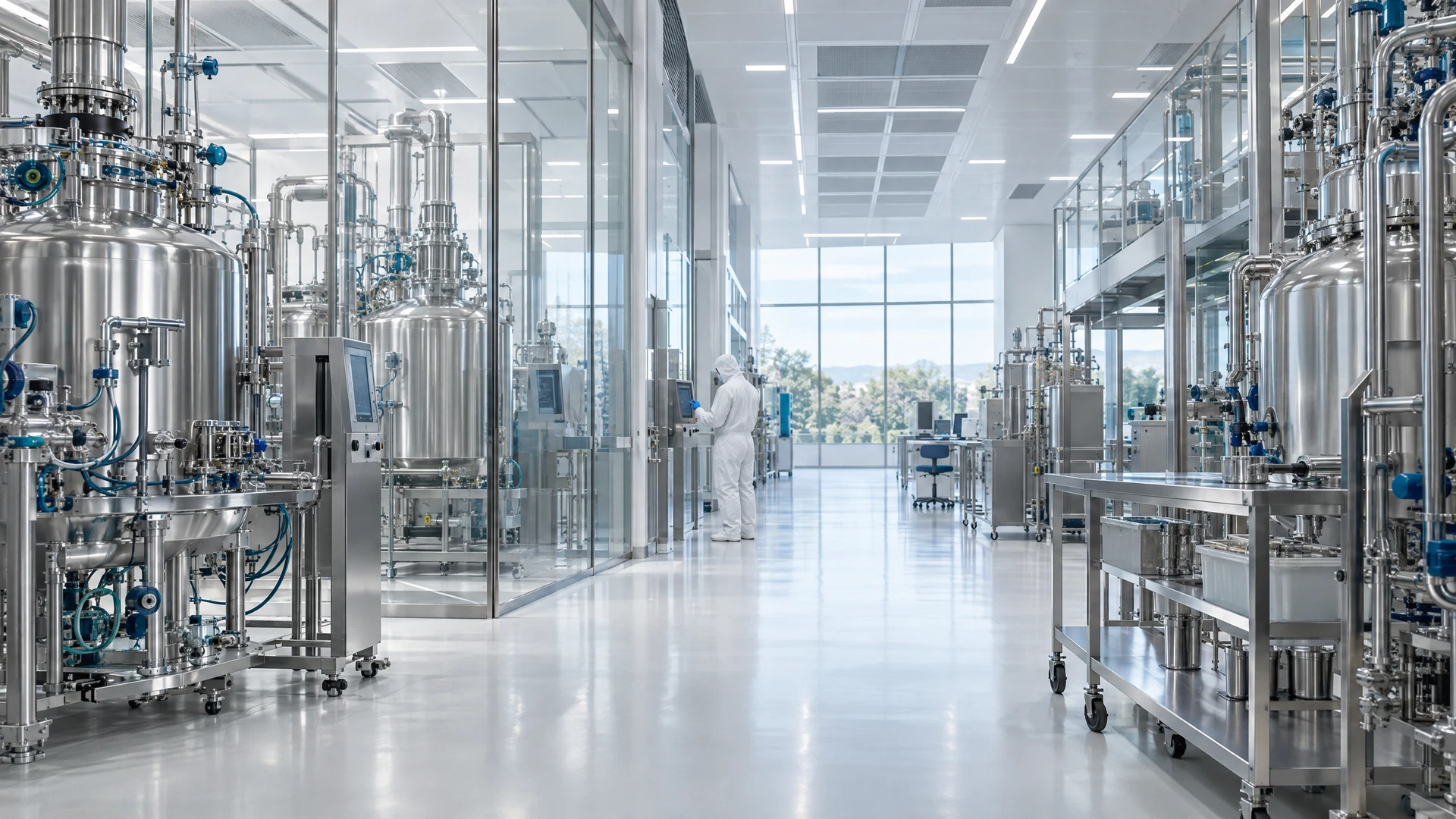 ภาพแนวคิดห้องผลิต pharmaceutical clean-room พร้อมอุปกรณ์ stainless steel สร้างด้วย AI